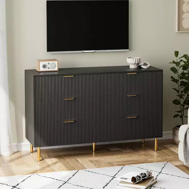 Commode à 6 tiroirs pour chambre à coucher, commode de rangement moderne en bois, avec poignées métalliques dorées et dispositif anti-basculement, pour salon