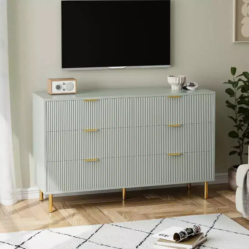 Commode à 6 tiroirs pour chambre à coucher, commode de rangement moderne en bois, avec poignées métalliques dorées et dispositif anti-basculement, pour salon