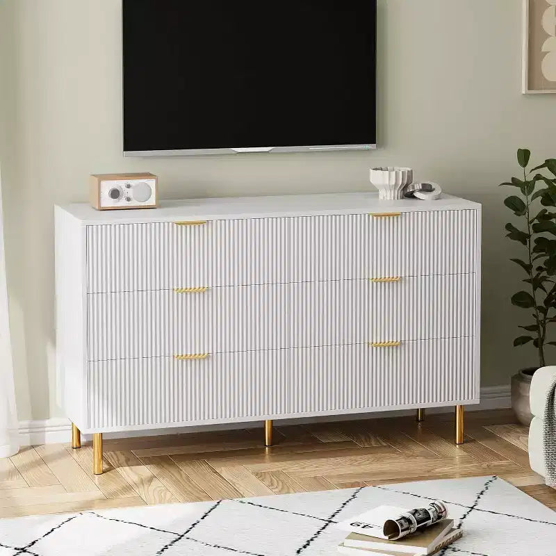 Commode à 6 tiroirs pour chambre à coucher, commode de rangement moderne en bois, avec poignées métalliques dorées et dispositif anti-basculement, pour salon
