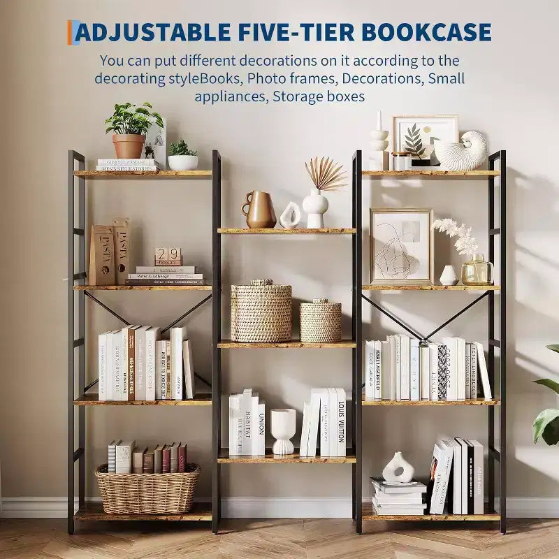 Bibliothèque industrielle à trois colonnes, 11 étagères réglables, capacité de 45 kg par étagère, cadre en acier et panneaux de particules (Noir/Marron)
