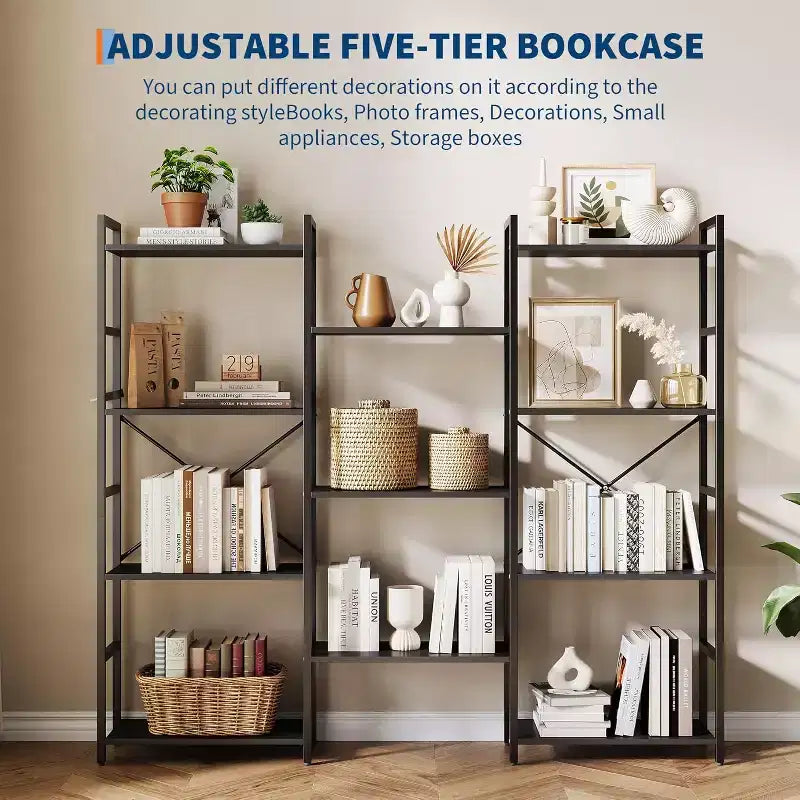 Bibliothèque industrielle à trois colonnes, 11 étagères réglables, capacité de 45 kg par étagère, cadre en acier et panneaux de particules (Noir/Marron)