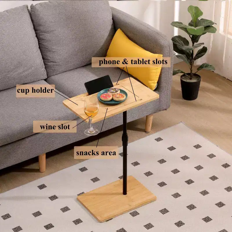 Table d'appoint en bambou pour canapé, réglable en hauteur, en forme de C, avec fentes, à deux niveaux