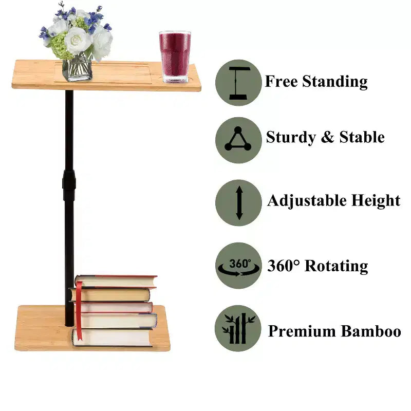 Table d'appoint en bambou pour canapé, réglable en hauteur, en forme de C, avec fentes, à deux niveaux