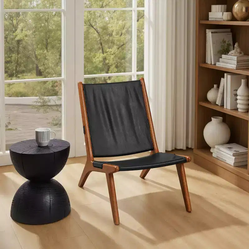 Fauteuil d'appoint Art Leon moderne en cuir véritable avec structure en bois, sans accoudoirs, noir