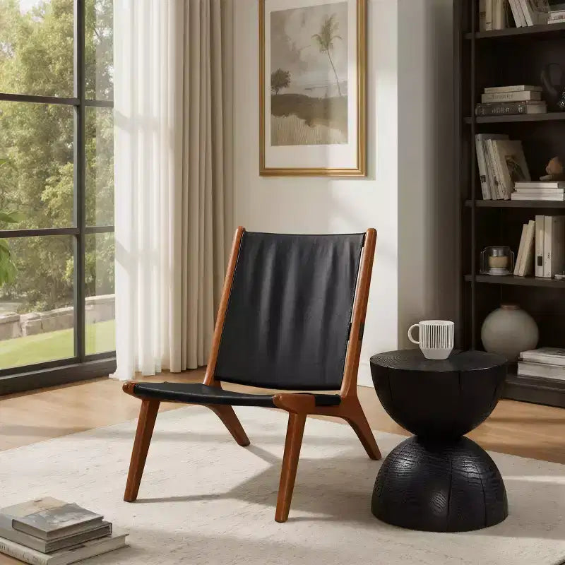Fauteuil d'appoint Art Leon moderne en cuir véritable avec structure en bois, sans accoudoirs, noir