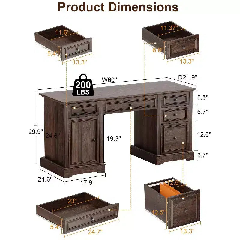 Dyonery 60 Bureau de direction de ferme avec tiroirs et classeur, bureau à domicile en bois texturé en relief, noir/marron/blanc et marron