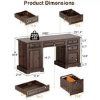 Dyonery 60 Bureau de direction de ferme avec tiroirs et classeur, bureau à domicile en bois texturé en relief, noir/marron/blanc et marron