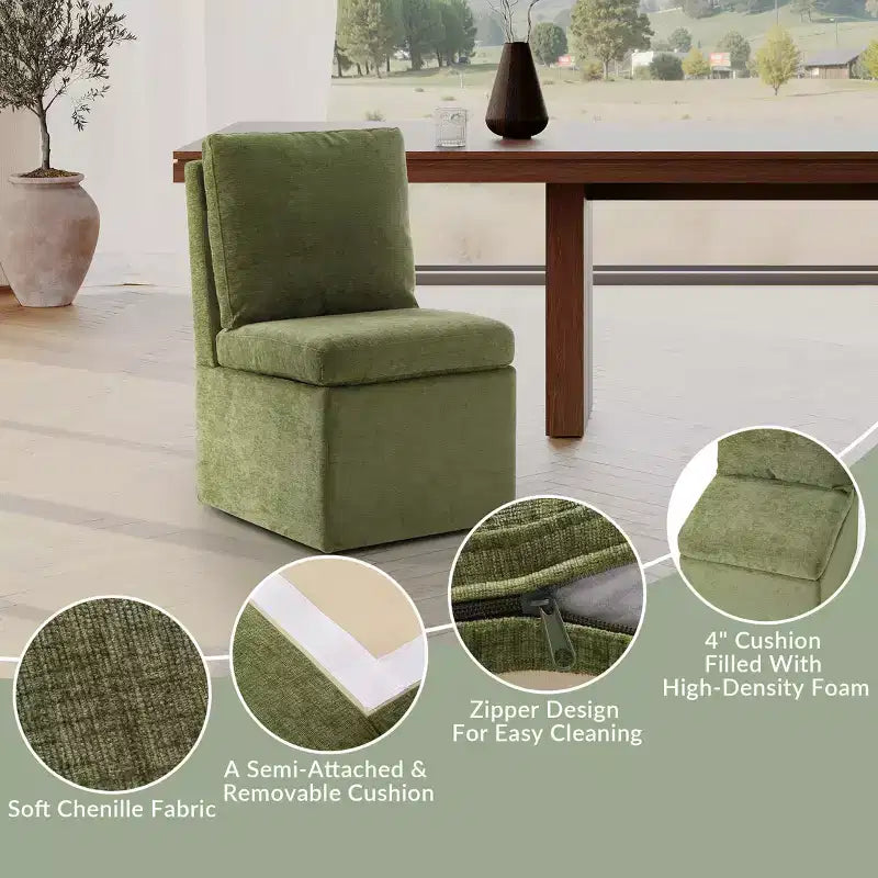 Chaises de salle à manger sans accoudoirs WestinTrends Soho Modern en chenille rembourrée avec roulettes (lot de 4), vert olive