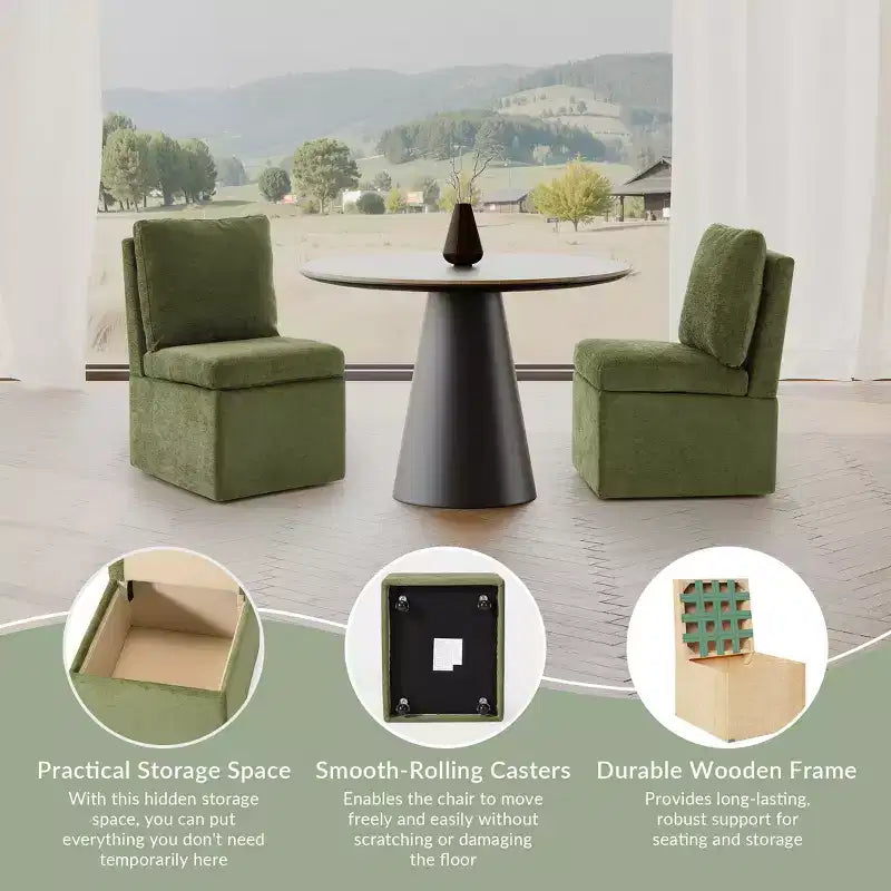 Chaises de salle à manger sans accoudoirs WestinTrends Soho Modern en chenille rembourrée avec roulettes (lot de 4), vert olive