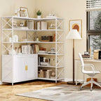 Étagère d'angle – Bibliothèque d'angle à 6 niveaux avec rangement, étagère en forme de L style ferme avec placard, bibliothèque industrielle moderne pour bureau à domicile