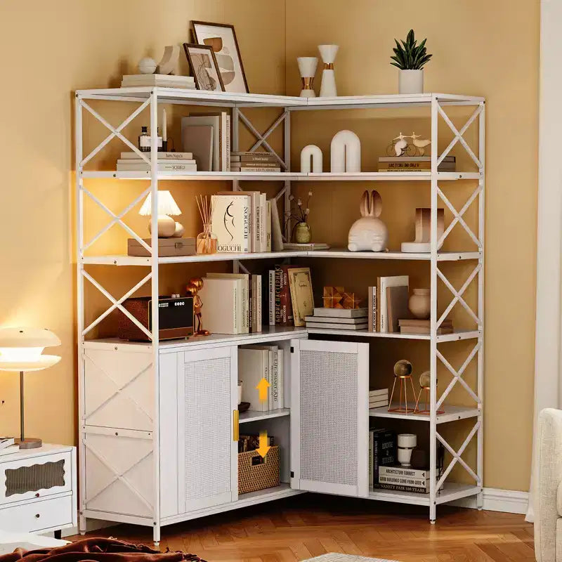 Étagère d'angle – Bibliothèque d'angle à 6 niveaux avec rangement, étagère en forme de L style ferme avec placard, bibliothèque industrielle moderne pour bureau à domicile