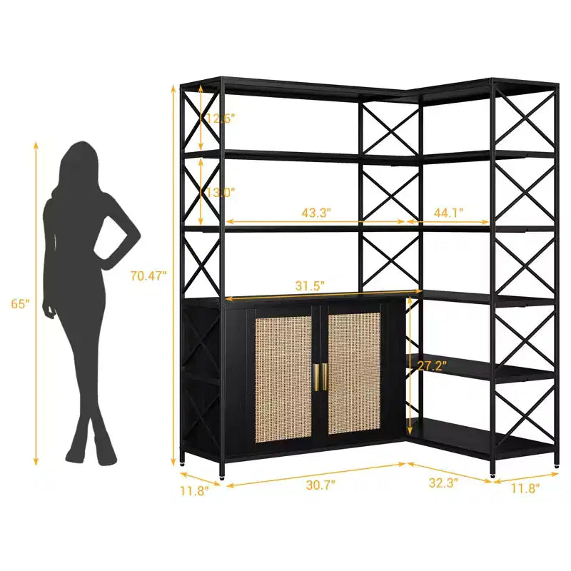 Étagère d'angle – Bibliothèque d'angle à 6 niveaux avec rangement, étagère en forme de L style ferme avec placard, bibliothèque industrielle moderne pour bureau à domicile