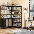 Étagère d'angle – Bibliothèque d'angle à 6 niveaux avec rangement, étagère en forme de L style ferme avec placard, bibliothèque industrielle moderne pour bureau à domicile
