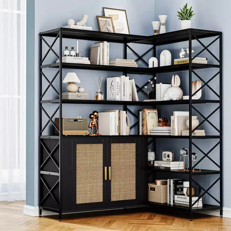Étagère d'angle – Bibliothèque d'angle à 6 niveaux avec rangement, étagère en forme de L style ferme avec placard, bibliothèque industrielle moderne pour bureau à domicile