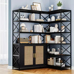 Étagère d'angle – Bibliothèque d'angle à 6 niveaux avec rangement, étagère en forme de L style ferme avec placard, bibliothèque industrielle moderne pour bureau à domicile