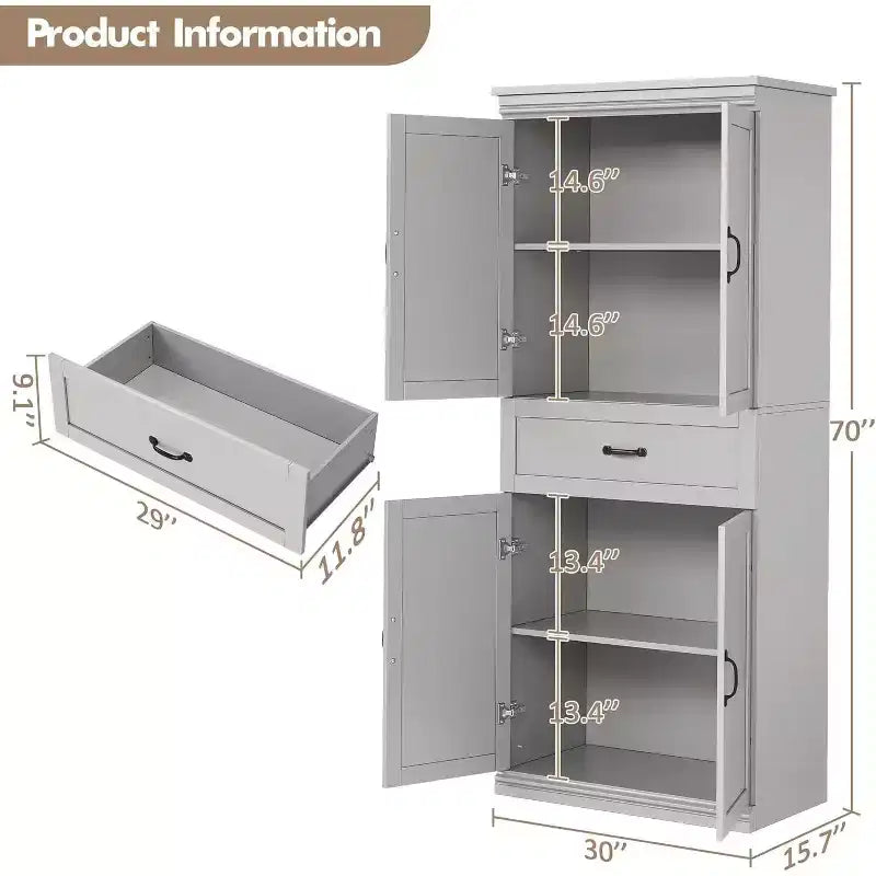Grand buffet de cuisine de 178 cm avec 4 portes, 2 étagères réglables, placard en bois moderne, meuble de rangement de cuisine autoportant
