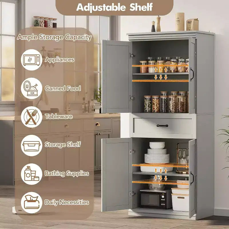 Grand buffet de cuisine de 178 cm avec 4 portes, 2 étagères réglables, placard en bois moderne, meuble de rangement de cuisine autoportant