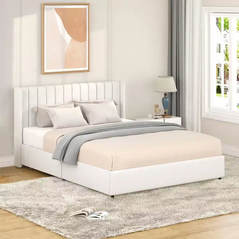 Cadre de lit plateforme Christopher Knight Home Fred Queen Size en bois avec tête de lit capitonnée en tissu bouclette