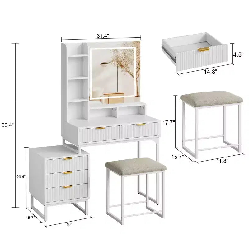 Coiffeuse avec 3 couleurs d'éclairage réglables, Table de Maquillage avec Tiroirs et Tabouret Rembourré