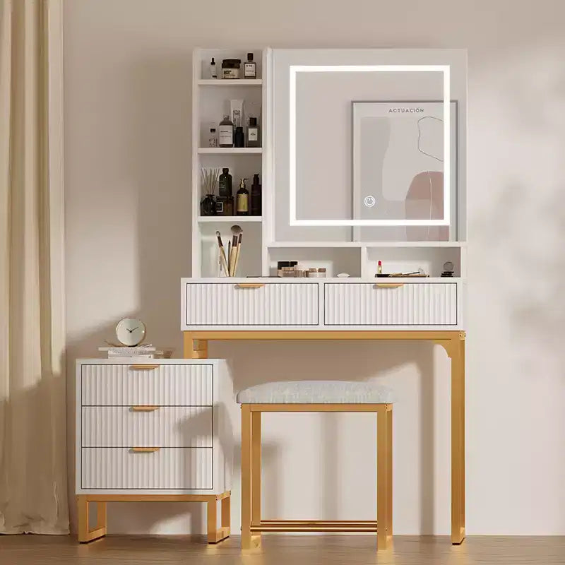 Coiffeuse avec 3 couleurs d'éclairage réglables, Table de Maquillage avec Tiroirs et Tabouret Rembourré