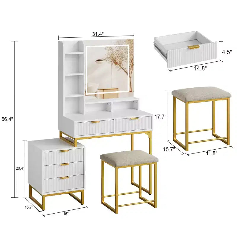 Coiffeuse avec 3 couleurs d'éclairage réglables, Table de Maquillage avec Tiroirs et Tabouret Rembourré