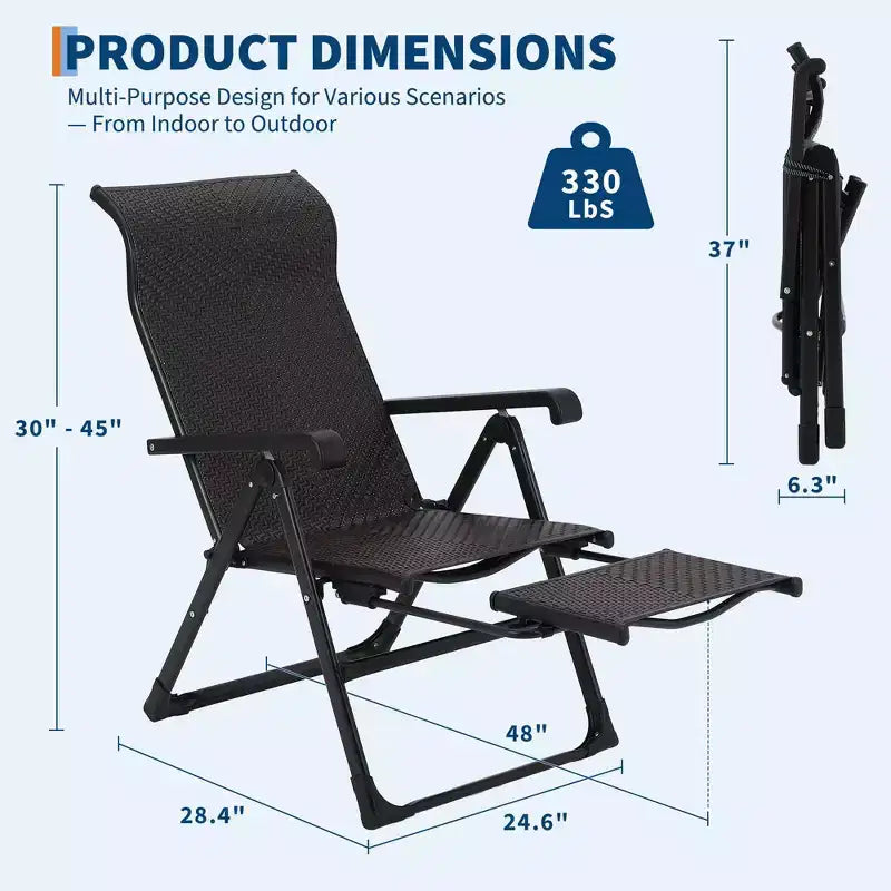 Chaise longue pliante d'extérieur en rotin, chaise longue de patio avec dossier haut réglable et repose-pieds extérieur réversible, chaises longues portables