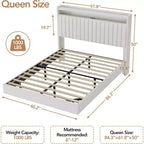 Cadre de lit Queen flottant avec lumières LED et station de charge, plateforme rembourrée en cuir PU, design moderne peu encombrant, cadre en fer