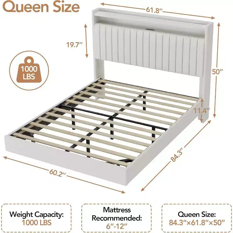 Cadre de lit Queen flottant avec lumières LED et station de charge, plateforme rembourrée en cuir PU, design moderne peu encombrant, cadre en fer