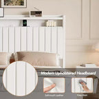 Cadre de lit Queen flottant avec lumières LED et station de charge, plateforme rembourrée en cuir PU, design moderne peu encombrant, cadre en fer