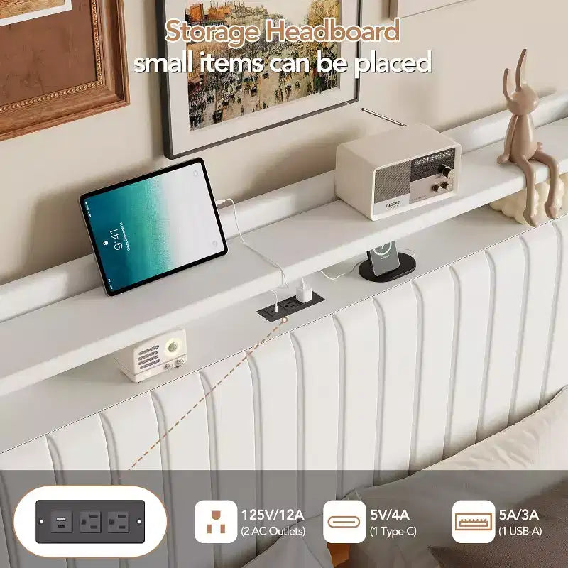 Cadre de lit Queen flottant avec lumières LED et station de charge, plateforme rembourrée en cuir PU, design moderne peu encombrant, cadre en fer