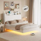 Cadre de lit Queen flottant avec lumières LED et station de charge, plateforme rembourrée en cuir PU, design moderne peu encombrant, cadre en fer