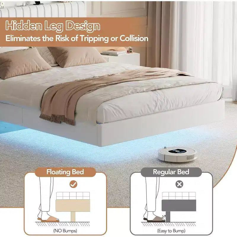 Cadre de lit Queen flottant avec lumières LED et station de charge, plateforme rembourrée en cuir PU, design moderne peu encombrant, cadre en fer