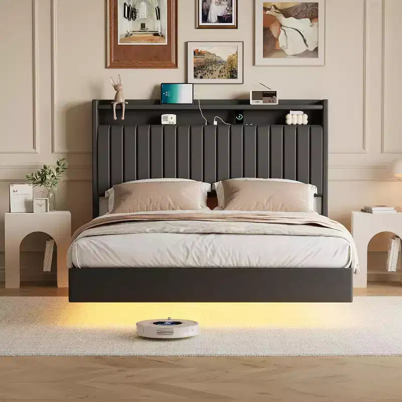 Cadre de lit Queen flottant avec lumières LED et station de charge, plateforme rembourrée en cuir PU, design moderne peu encombrant, cadre en fer