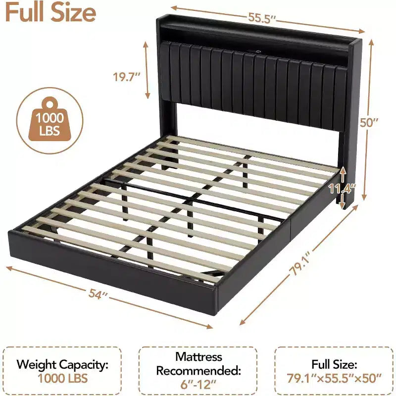 Cadre de lit Queen flottant avec lumières LED et station de charge, plateforme rembourrée en cuir PU, design moderne peu encombrant, cadre en fer