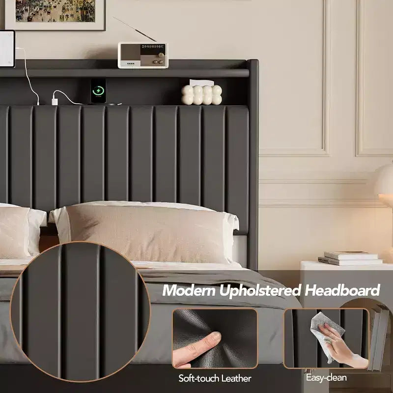 Cadre de lit Queen flottant avec lumières LED et station de charge, plateforme rembourrée en cuir PU, design moderne peu encombrant, cadre en fer