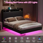 Cadre de lit Queen flottant avec lumières LED et station de charge, plateforme rembourrée en cuir PU, design moderne peu encombrant, cadre en fer