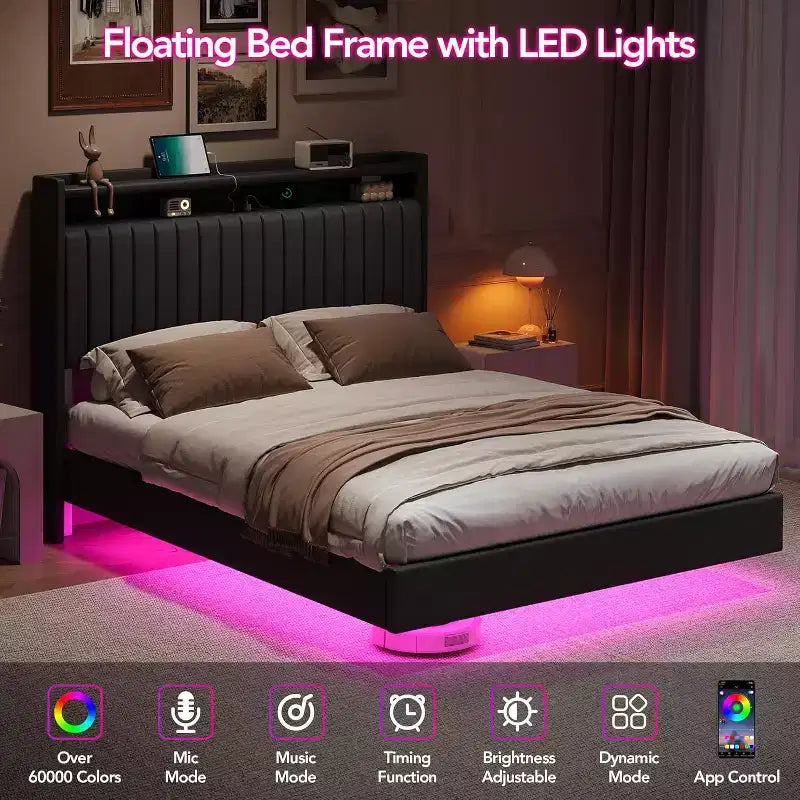 Cadre de lit Queen flottant avec lumières LED et station de charge, plateforme rembourrée en cuir PU, design moderne peu encombrant, cadre en fer