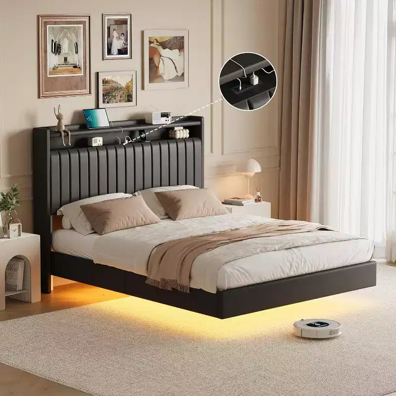 Cadre de lit Queen flottant avec lumières LED et station de charge, plateforme rembourrée en cuir PU, design moderne peu encombrant, cadre en fer