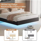 Cadre de lit Queen flottant avec lumières LED et station de charge, plateforme rembourrée en cuir PU, design moderne peu encombrant, cadre en fer