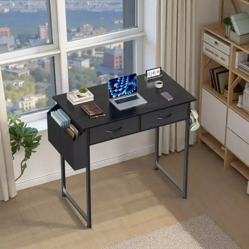 MAYEERTY Petit bureau d'ordinateur réglable de 32 pouces, table d'étude/écriture en métal avec rangement et crochet pour casque, bureau à domicile