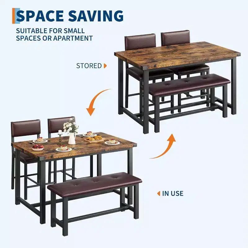 Ensemble de table à manger pour 4, table de cuisine et 2 chaises rembourrées et 1 banc, ensemble de salle à manger en bois