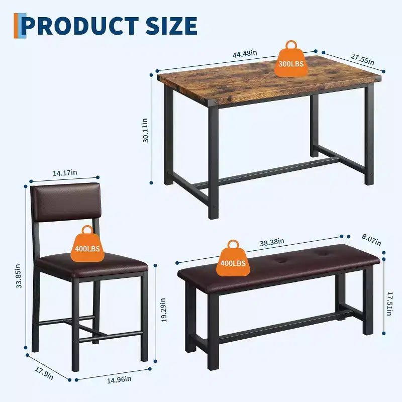 Ensemble de table à manger pour 4, table de cuisine et 2 chaises rembourrées et 1 banc, ensemble de salle à manger en bois
