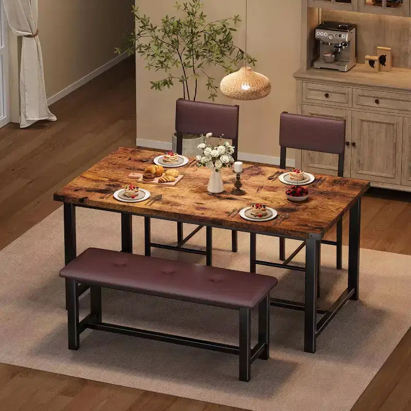Ensemble de table à manger pour 4, table de cuisine et 2 chaises rembourrées et 1 banc, ensemble de salle à manger en bois