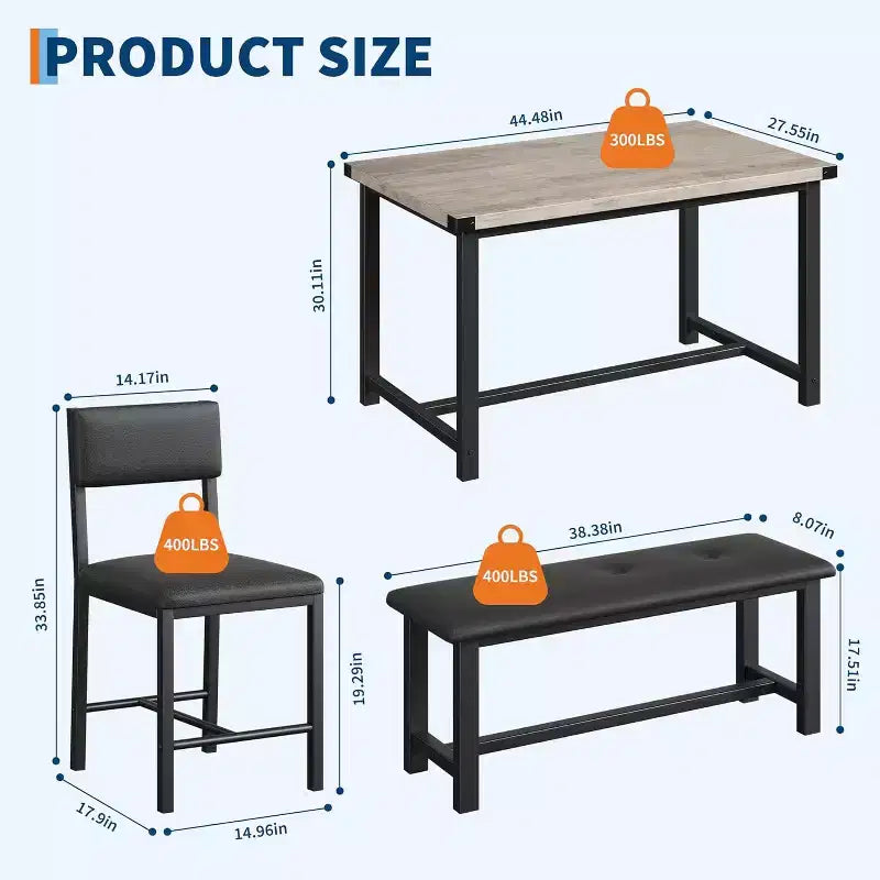 Ensemble de table à manger pour 4, table de cuisine et 2 chaises rembourrées et 1 banc, ensemble de salle à manger en bois