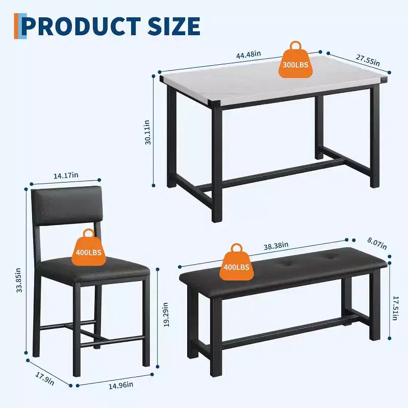 Ensemble de table à manger pour 4, table de cuisine et 2 chaises rembourrées et 1 banc, ensemble de salle à manger en bois