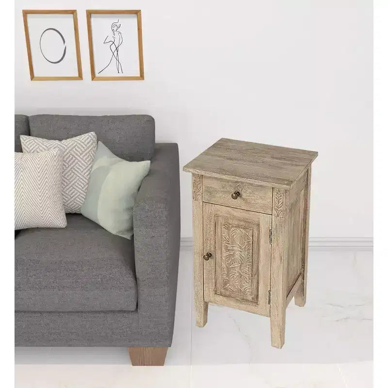 HomeRoots 24 Table d'appoint en bois massif marron naturel avec armoire et tiroir