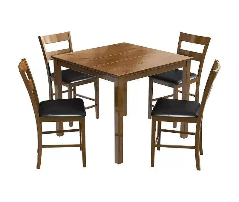 Ensemble de salle à manger 5 pièces en bois massif AMERLIFE, chaises avec dossiers incurvés et coussins en PU, noir/noyer