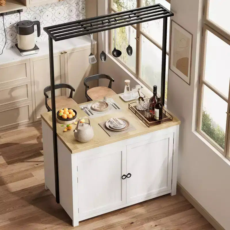 41 Îlot de cuisine avec rangement, chariot de cuisine multifonctionnel robuste avec comptoir de 1,2", étagères à 2 niveaux, 5 crochets, table de bar à café en métal