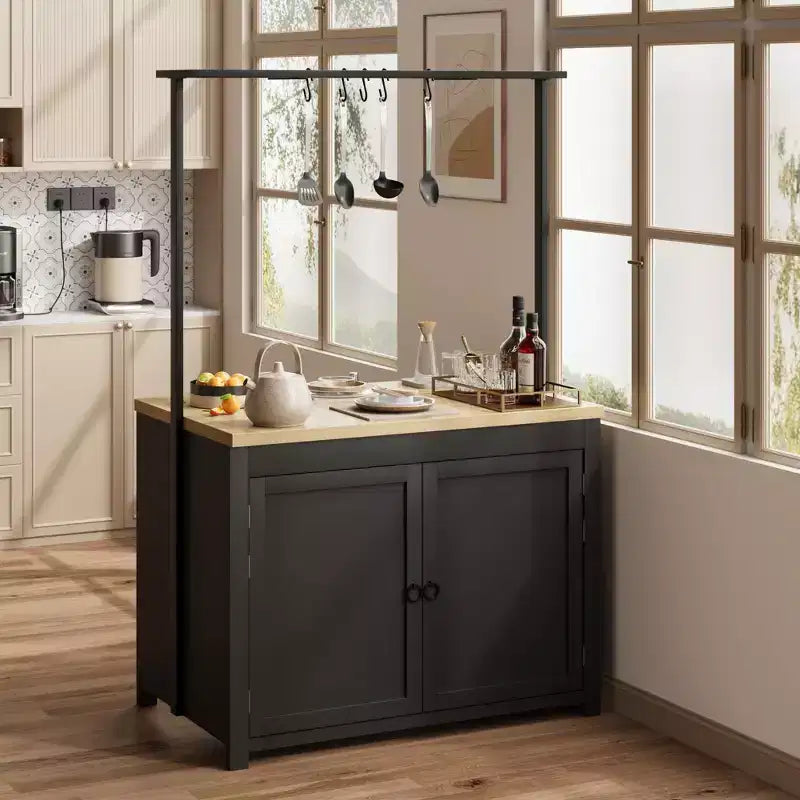 41 Îlot de cuisine avec rangement, chariot de cuisine multifonctionnel robuste avec comptoir de 1,2", étagères à 2 niveaux, 5 crochets, table de bar à café en métal
