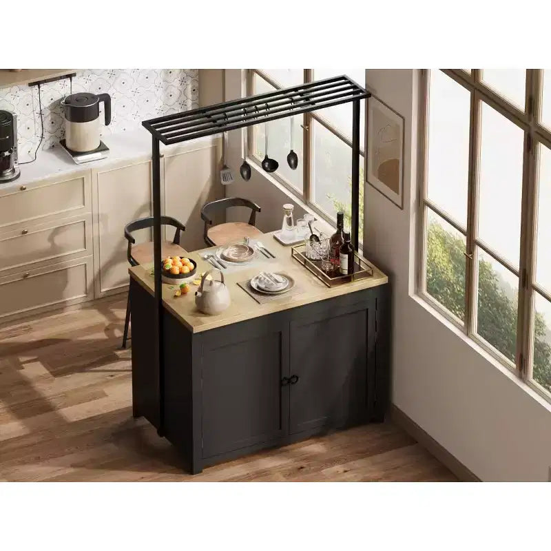 41 Îlot de cuisine avec rangement, chariot de cuisine multifonctionnel robuste avec comptoir de 1,2", étagères à 2 niveaux, 5 crochets, table de bar à café en métal